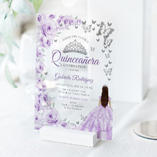 Invitaciones Acrílicas Lilac Púrpura Floral Quinceañera Plata