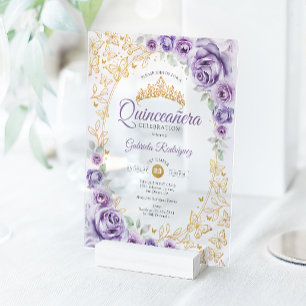 Invitaciones Acrílicas Lilac Púrpura Quinceañera Floral Dorada