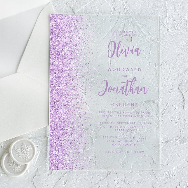 Invitaciones Acrílicas Lilac Purpurina Boda de escritura moderna (Subido por el creador)