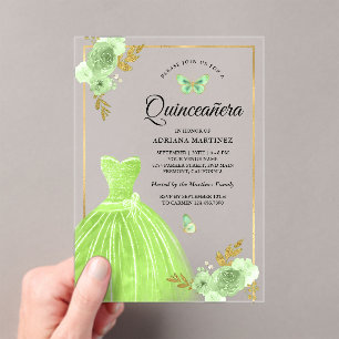 Invitaciones Acrílicas Lime Verde Vestido Floral Mariposa Oro Quinceanera