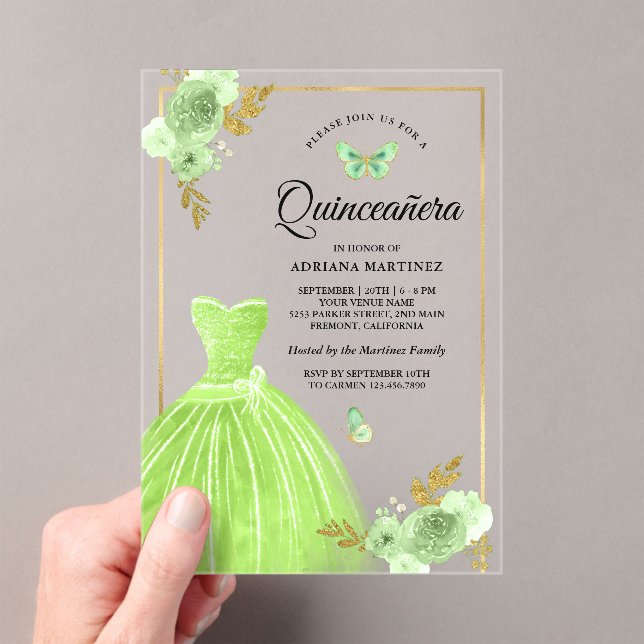 Invitaciones Acrílicas Lime Verde Vestido Floral Mariposa Oro Quinceanera (Insitu (portátil))