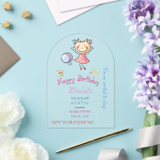 Invitaciones Acrílicas Linda Chica de Palitos de Color Rosa Arcoíris Juga