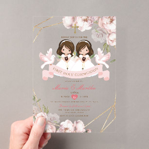 Invitaciones Acrílicas Linda niña GEMELA Primera Comunión Floral Rosa