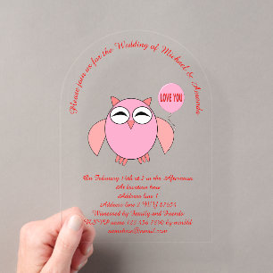Invitaciones Acrílicas Lindo Búho Amor Rosa Personalizado Boda