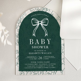 Invitaciones Acrílicas Línea de arte verde esmeralda Coquette Bow Baby Sh