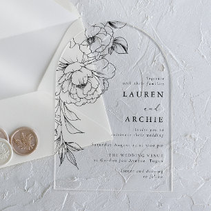 Invitaciones Acrílicas Línea elegante arte floral boda negro y blanco