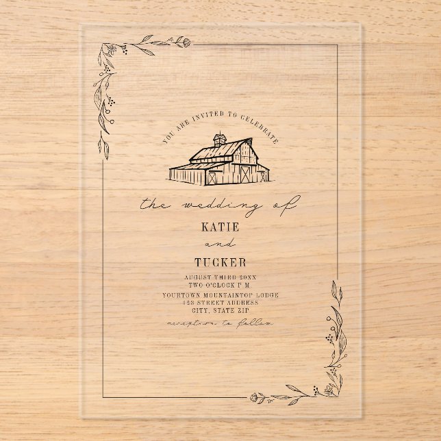 Invitaciones Acrílicas Línea Rustica Art Barn Boda Botánico (Anverso)