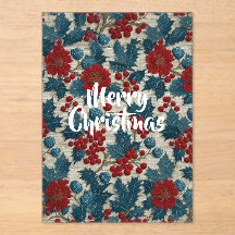 Lino Botánico de Navidad Vintage con Bayas Rojas