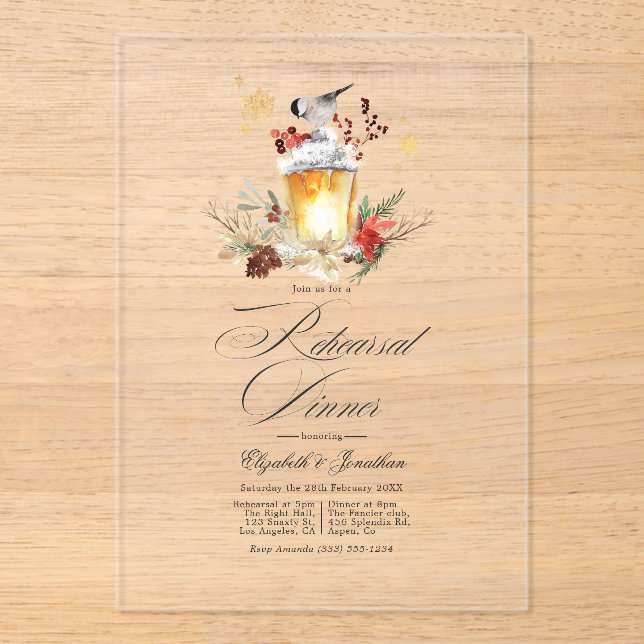 Invitaciones Acrílicas Linternas Rústicas de Invierno Cena de Ensayo Tran (Anverso)