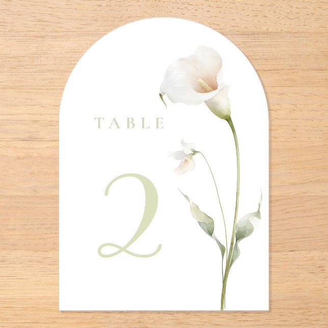 Invitaciones Acrílicas Lirio calla fondo blanco mesa 2 (Anverso)