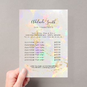Invitaciones Acrílicas lista de precios de salón de belleza con fondo de