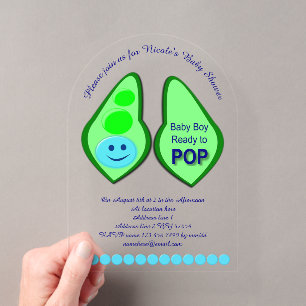 Invitaciones Acrílicas Listo para estallar bebé niño azul guisante Cumple