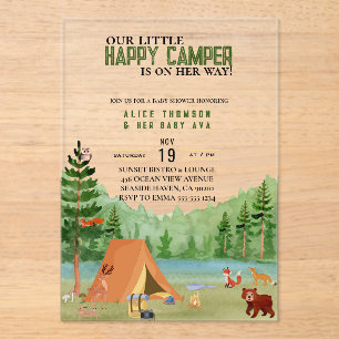 Invitaciones Acrílicas Little Camper Camping Adventure Forest Baby Shower