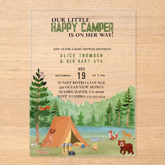 Invitaciones Acrílicas Little Camper Camping Adventure Forest Baby Shower (Anverso)