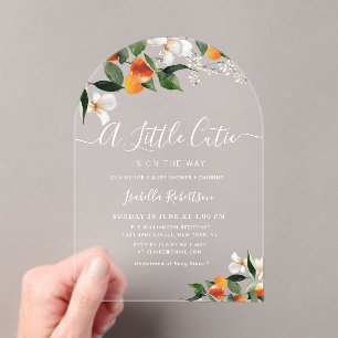 Invitaciones Acrílicas LITTLE CUTIE   naranjas cítricos con ducha de bebé