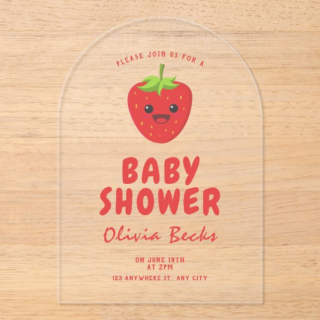 Invitaciones Acrílicas Little Cutie Strawberry Baby Shower (Anverso)
