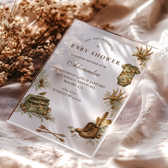 Invitaciones Acrílicas Little Hunter Woodland Keepsake Baby Shower (Subido por el creador)