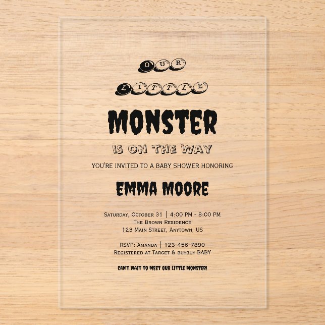 Invitaciones Acrílicas Little Monster Baby Shower Typography Design (Anverso)