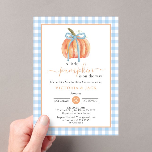 Invitaciones Acrílicas Little Pumpkin Blue Gingham Fall Baby Shower (Insitu (portátil))