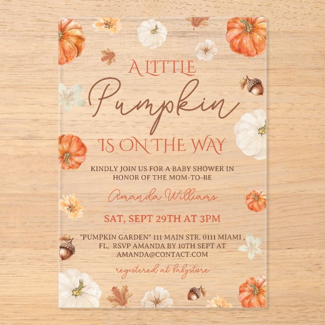 Invitaciones Acrílicas Little Pumpkin Floral Fall Baby Shower (Anverso)