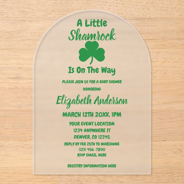 Invitaciones Acrílicas Little Shamrock St Patrick's Day Baby Shower (Anverso)