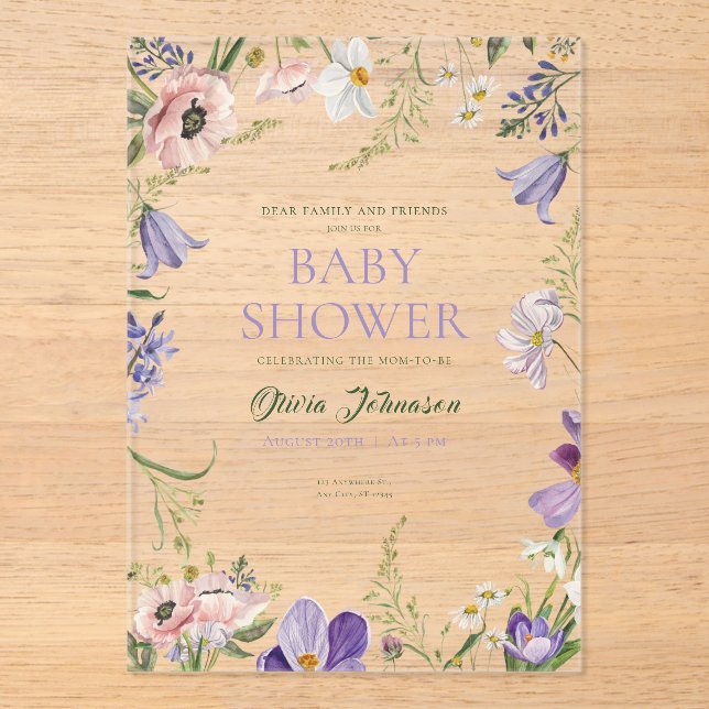 Invitaciones Acrílicas Little Wildflower Baby Shower (Anverso)