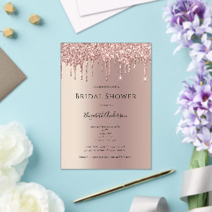 Invitaciones Acrílicas Llamativa lluvia de brillo en oro rosa para glamur