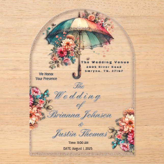 Invitaciones Acrílicas Llueve a hermosos Bodas florales (Anverso)