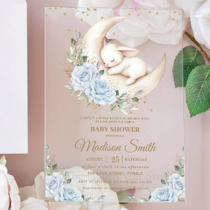 Invitaciones Acrílicas Lluvia de Bebé Niño Floral Azul Suave Luna Conejit