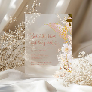 Invitaciones Acrílicas Lluvia de besos de mariposa boho dorada para baby 