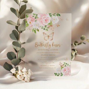 Invitaciones Acrílicas Lluvia de besos de mariposa en dorado rosado baby