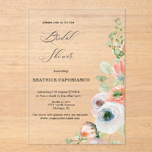 Invitaciones Acrílicas Lluvia de Boda Floral Coral Durazno Romántico