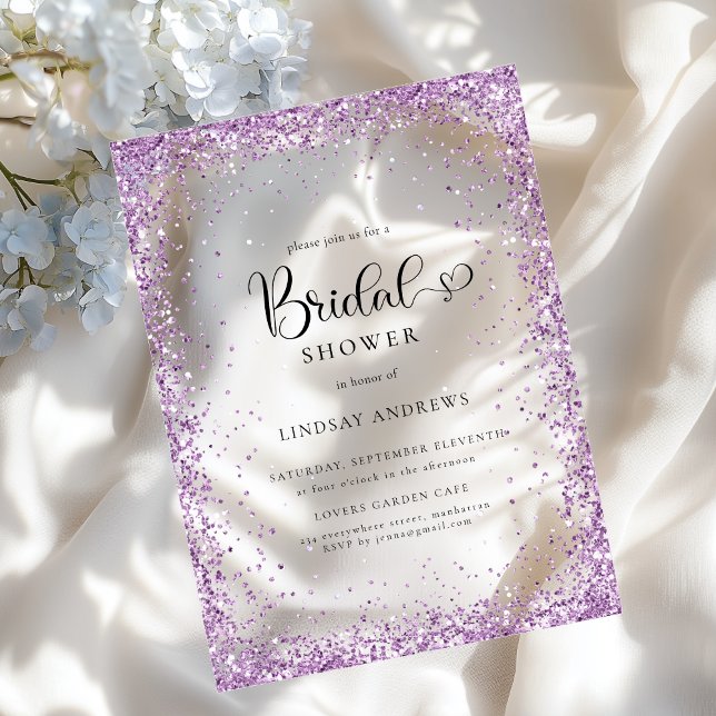 Invitaciones Acrílicas Lluvia de Boda Plateada Moderno Púrpura  (Modern Silver Purple Glitter Bridal Shower Acrylic Invitations)