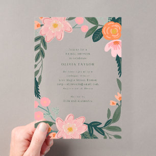 Invitaciones Acrílicas Lluvia de Boda Rosa y Verde Floral Moderna de Prim