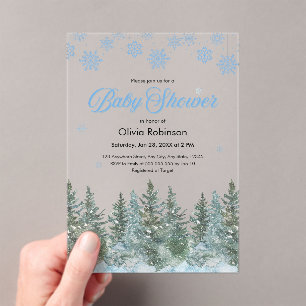 Invitaciones Acrílicas Lluvia de Copos de Nieve Árboles de Pino Shower de