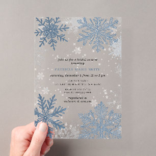 Invitaciones Acrílicas Lluvia de Copos de Nieve Azul Navidad Invierno Des