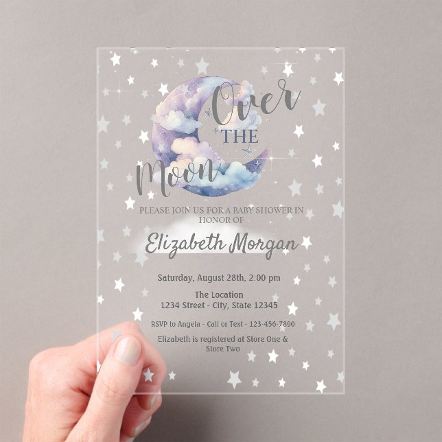 Invitaciones Acrílicas Lluvia de Estrellas y Nubes Lavanda Baby Shower  (Insitu (portátil))