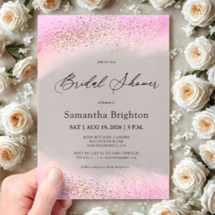 Invitaciones Acrílicas Lluvia de Novia con Tonos Rosados y Brillo Dorado
