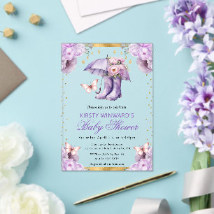 Invitaciones Acrílicas Lluvia de Primavera Paraguas Bebé Dorado y Morado