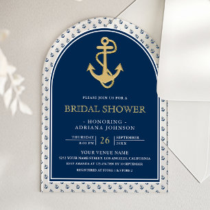 Invitaciones Acrílicas Lluvia de Regalos de Boda Azul Navy Náutico Dorado