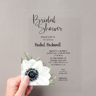 Invitaciones Acrílicas Lluvia de Regalos Nupciales Floral Blanco y Negro