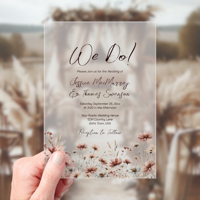 Invitaciones Acrílicas ¡Lo Hacemos! Boda de flores silvestres de Siena, u (Frosted Acrylic with Rectangle Cut)