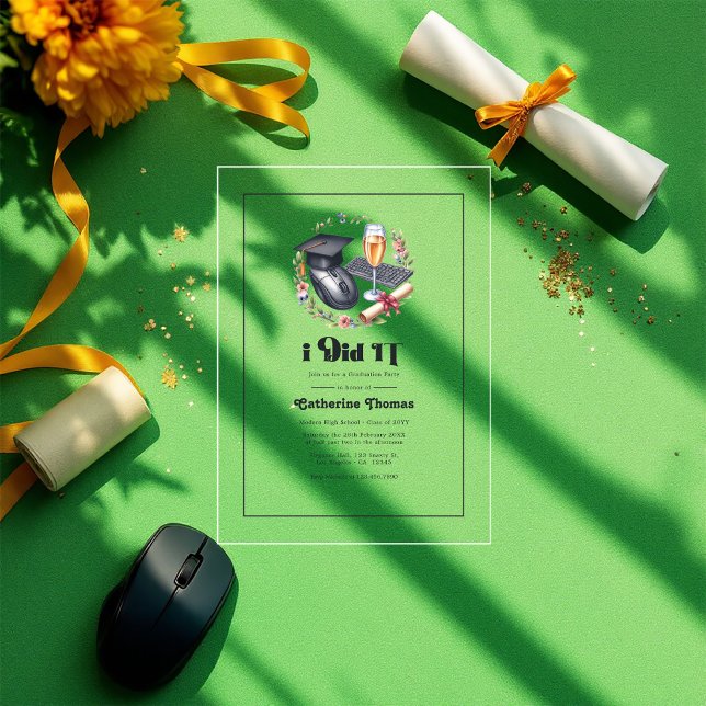 Invitaciones Acrílicas "Lo hice" Graduación moderna en ciencias de la com ("I did IT" Modern Computer Science Graduation Acrylic Invitations)