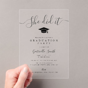 Invitaciones Acrílicas ¡LO LOGRÓ! Fiesta de Graduación con Letra Moderna
