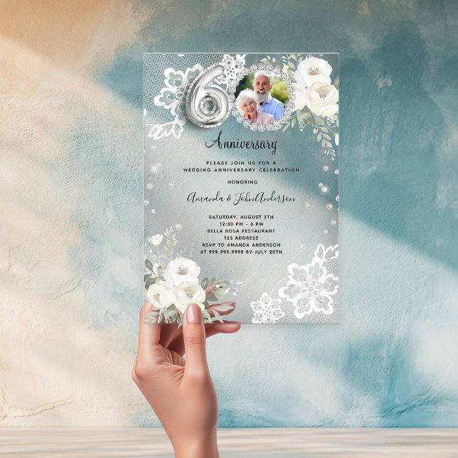 Invitaciones Acrílicas Los diamantes plateados florales aniversario 60 bo (Subido por el creador)