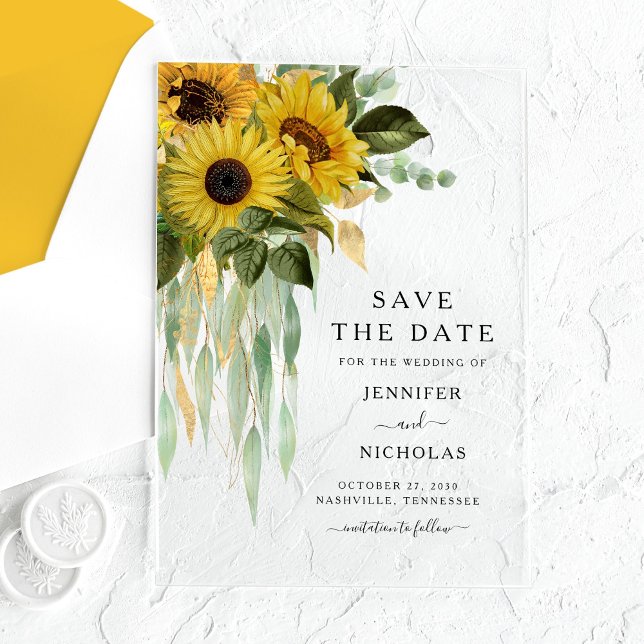 Invitaciones Acrílicas Los Elegantes Sunflower Salven La Fecha (Elegant Floral Sunflowers Save The Date Acrylic Invitations
)