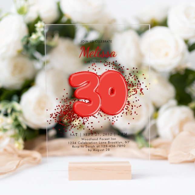 Invitaciones Acrílicas Los globos rojos 30 Confetti Cumpleaños de adultos (Subido por el creador)