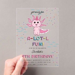 Invitaciones Acrílicas Los niños de Axolotl rosados celebran fiesta de cu
