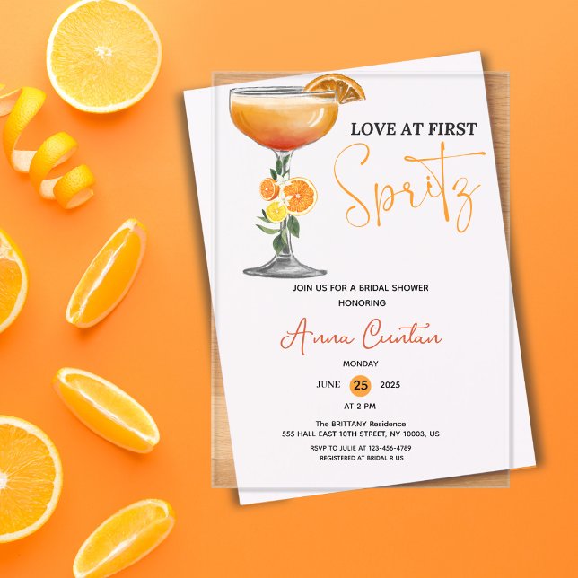 Invitaciones Acrílicas Love at First Spritz Bridal Shower Cocktail Drink (love at first spritz bridal shower invitations cocktail drink modern bride citrus orange italy her)