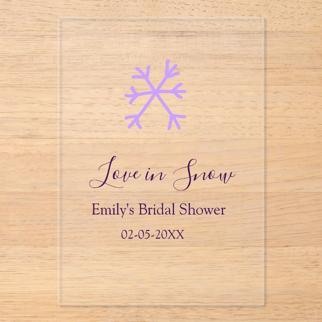 Invitaciones Acrílicas Love in Snow bridal shower purple snowflakes paste (Anverso)